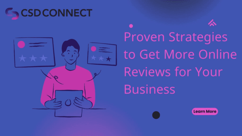 CSD Connect blog header graphic with the title and stylized illustration of a person holding a tablet with review icons.